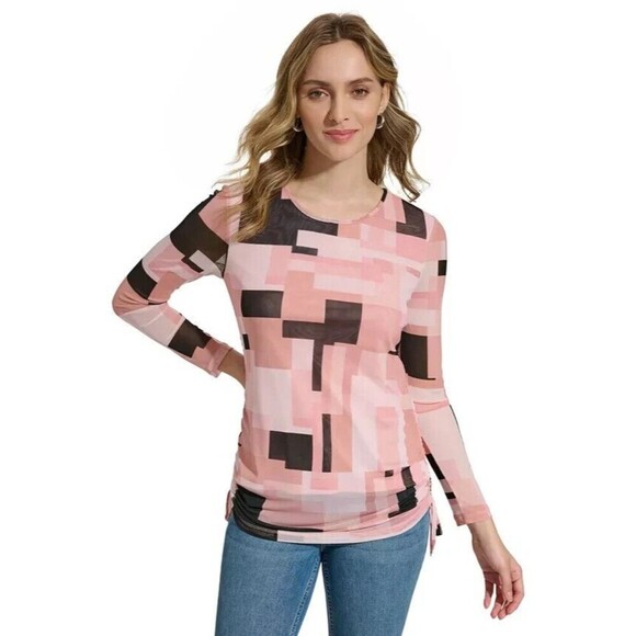 Calvin Klein Women's Printed Mesh Long Sleeve Top ruched and tied sides S - Picture 1 of 8